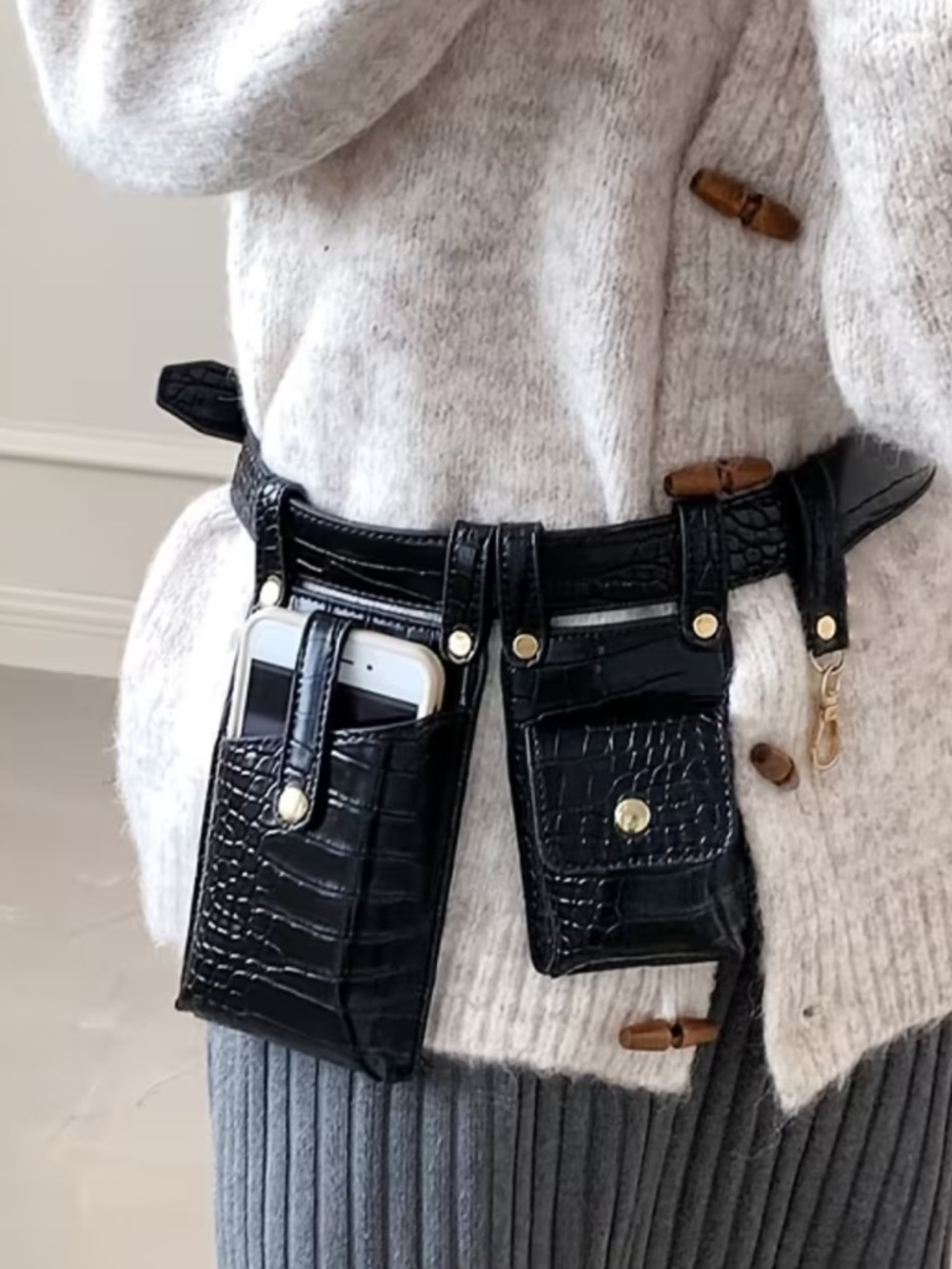 Black Croc-Embossed Multi-Pouch Belt Bag